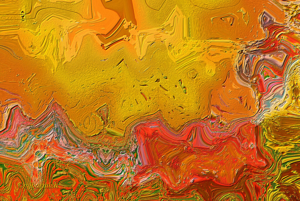 photographie d'un soleil couchant traitée en gouache numérique dans les tons chauds, proches du fauvisme; art pictural