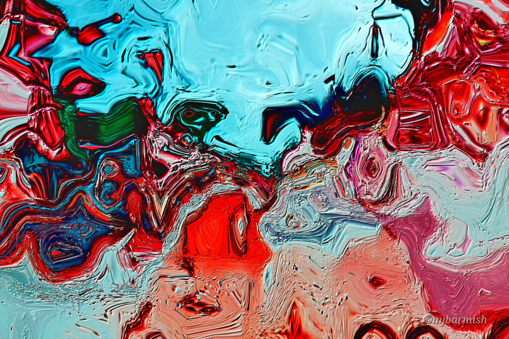art pictural ; photographie de rue traitée en gouache numérique; style expressionniste dans les tons rouges dominants; fort contraste avec le bleu glacial du ciel