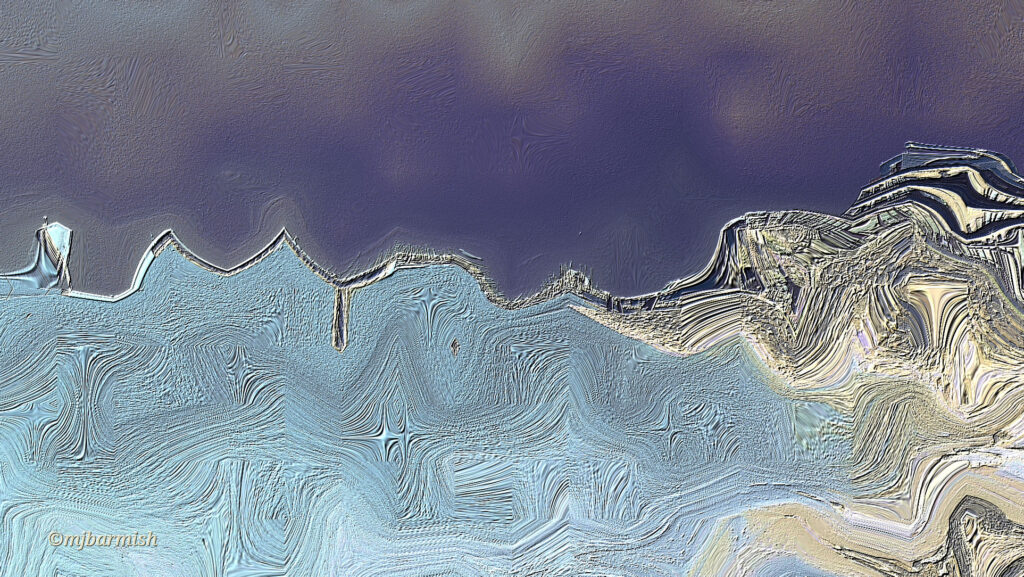 art pictural; photographie marine traitée en gouache numérique; touche de brosse très marquée; harmonie de bleu et sable pastels